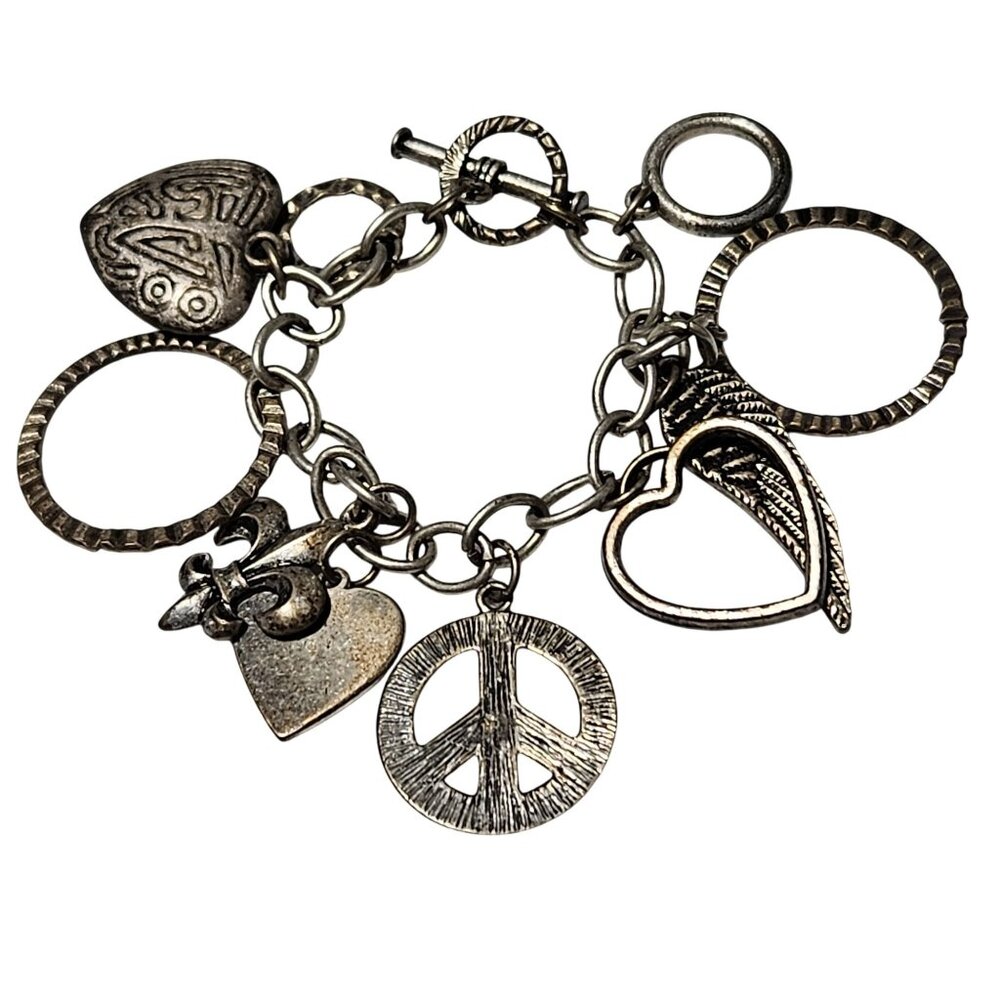 Vintage Silver Tone Charm Bracelet Peace Heart Wing Charms Fashion Jewelry Women